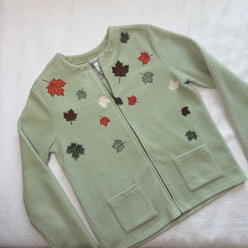 Fashion Bug Sage Green Fleece Jacket Embroidered Fall Leaves Full Zip Small